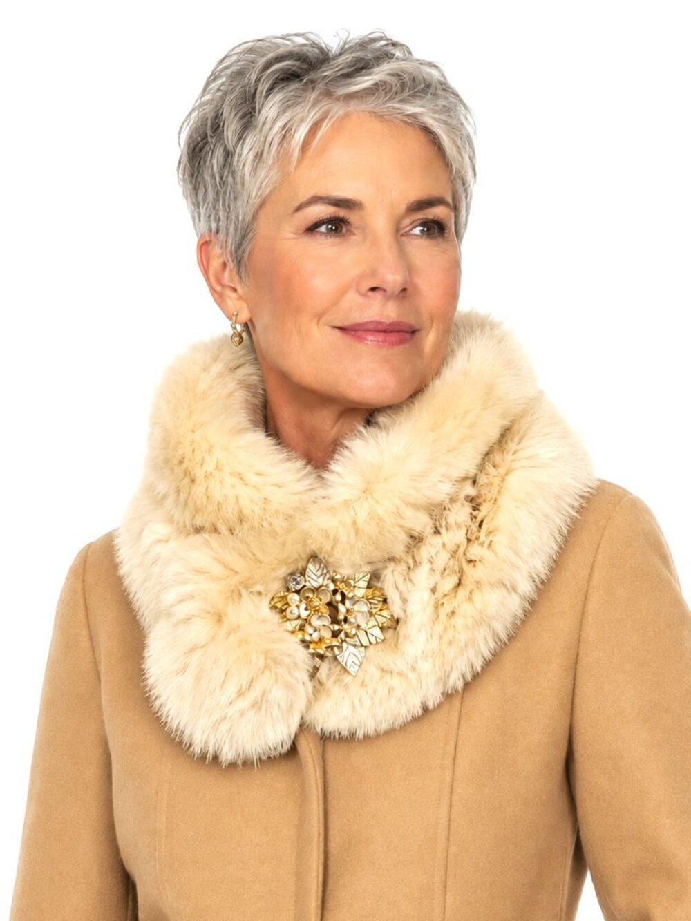 Vintage Fur Collar Brushed Matte Gold Pearl Rhinestone Floral Leaf Pin